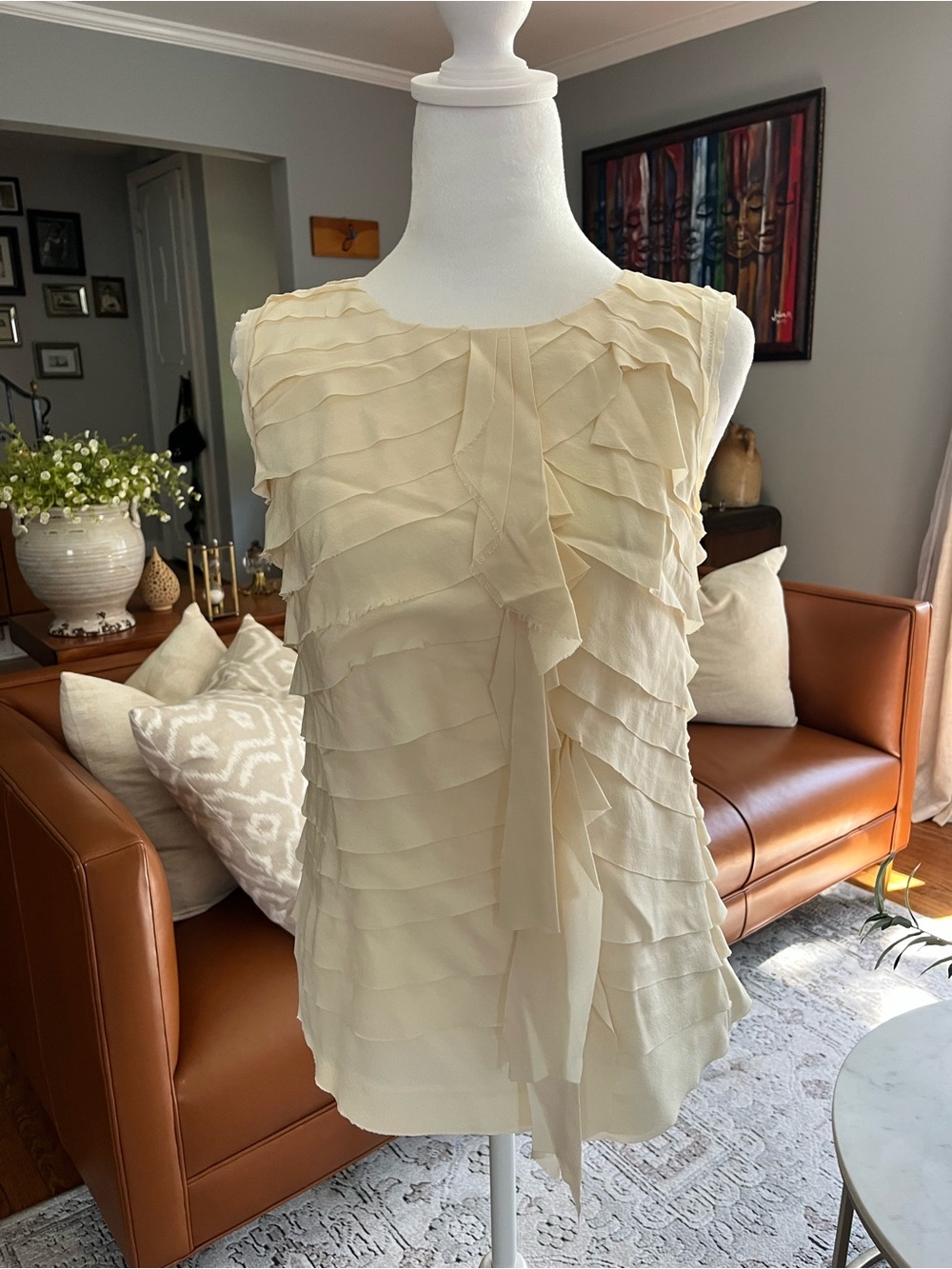 Tory Burch Silk Top Sz 4 Tiered Layered Ruffle Front Sleeveless Top Color Cream